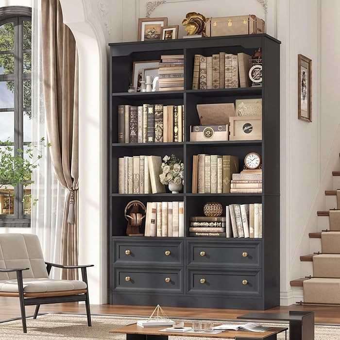 FINETONES 71" Black Bookshelf with 4 Drawers, 6-Tier Double Wide Bookshelves and Bookcases with S... | Amazon (US)