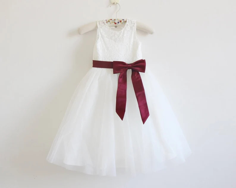Light Ivory Flower Girl Dress, Burgundy Flower Girl Dress, Lace Flower Girl Dress, Burgundy Ribbo... | Etsy (US)