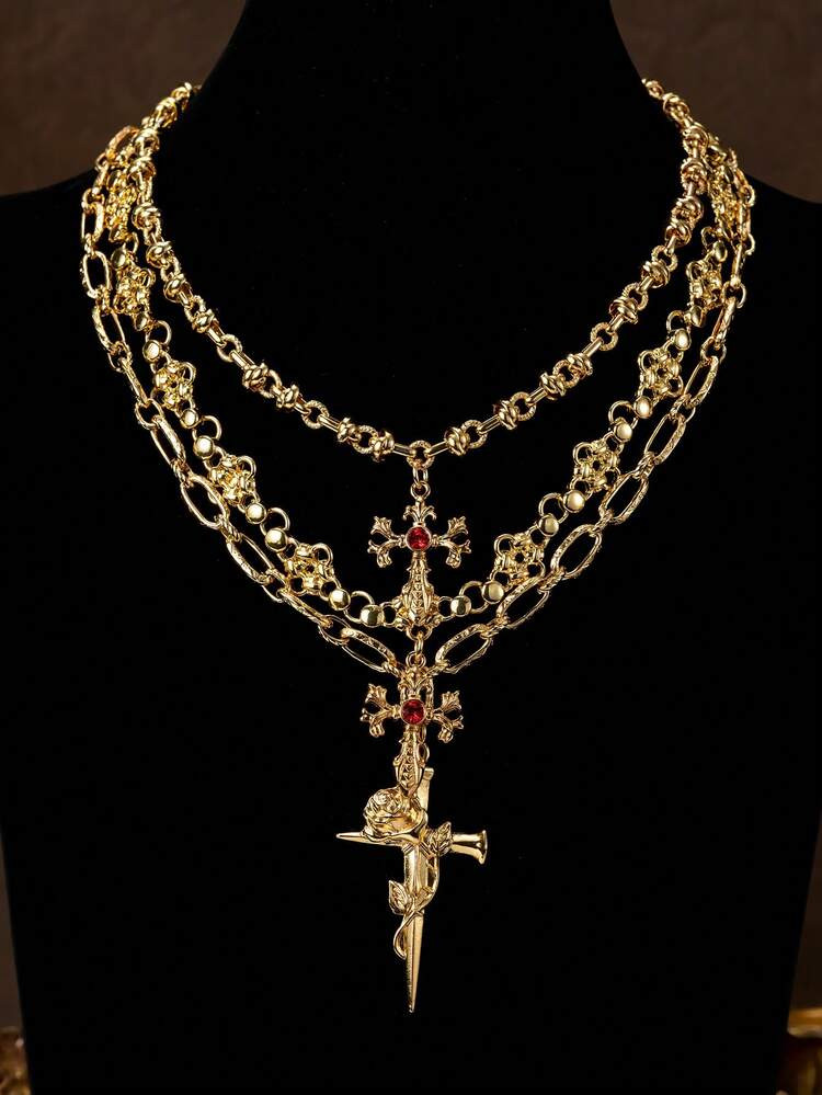 Vintage Royal Style Multi-Layer Sword Cross Necklace, Niche High-End Heavy-Duty Choker, Exaggerat... | SHEIN
