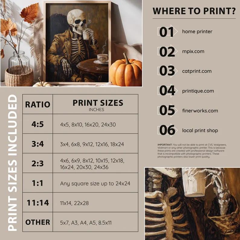 Skeleton Drinking Coffee Art Print, Spooky Halloween Wall Decor, Vintage Gothic Skeleton Painting... | Etsy (US)