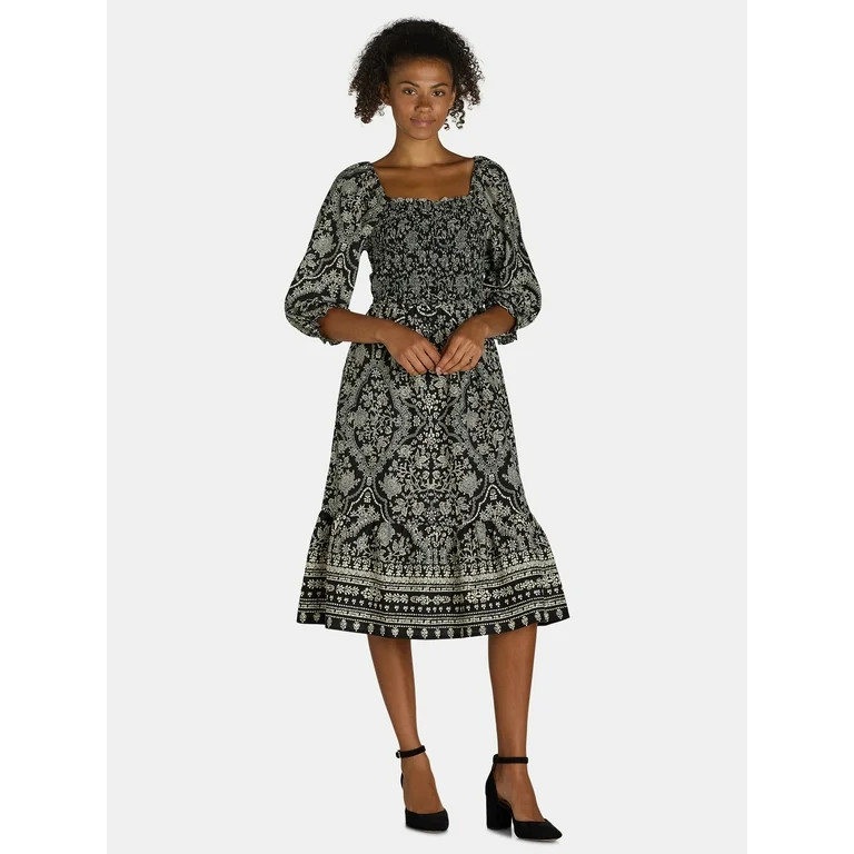 The Pioneer Woman Smocked Bodice Midi Dress, Women’s and Women’s Plus, Sizes XS-3X | Walmart (US)