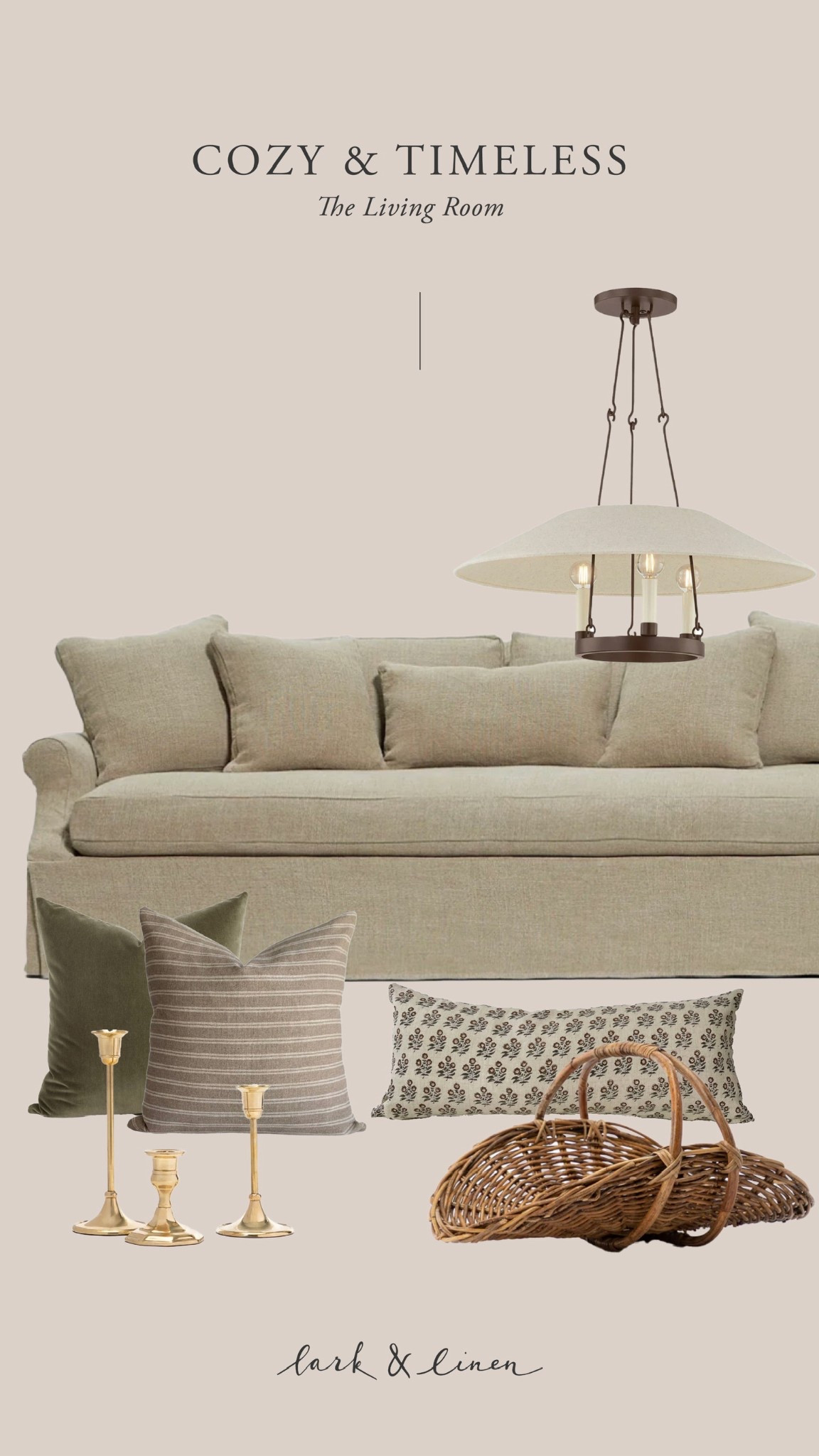 A cozy, layered living room edit featuring a timeless sofa, textured pillows, woven basket, sculptural candlesticks, and a soft ambient table lamp. 

Every piece is chosen to create that effortless, lived-in warmth that makes a space feel instantly inviting.