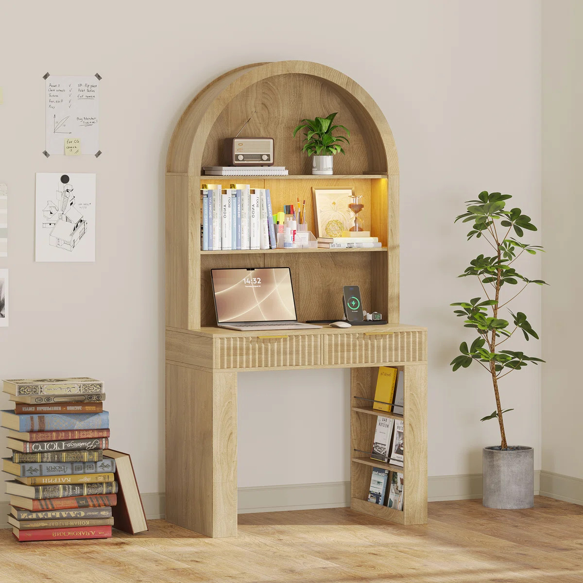Writing Desk With Arch Hutch, Fluted Drawer & Storage Shelves, Modern Wood Computer Desk With Sto... | Wayfair North America