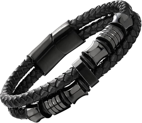COOLSTEELANDBEYOND Mens Double-Row Braided Leather Bracelet Bangle Wristband with Stainless Steel... | Amazon (US)