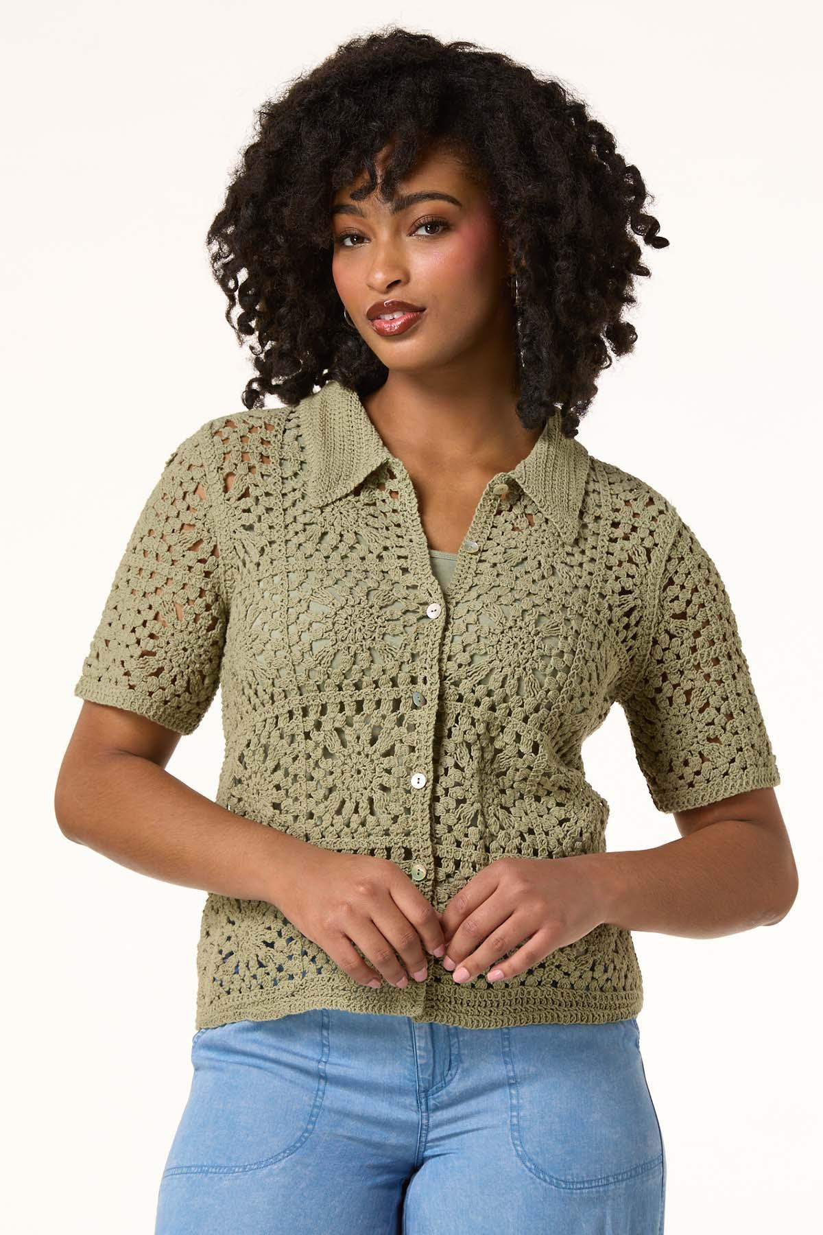 Green Crochet Button Front Top | Cato Fashions