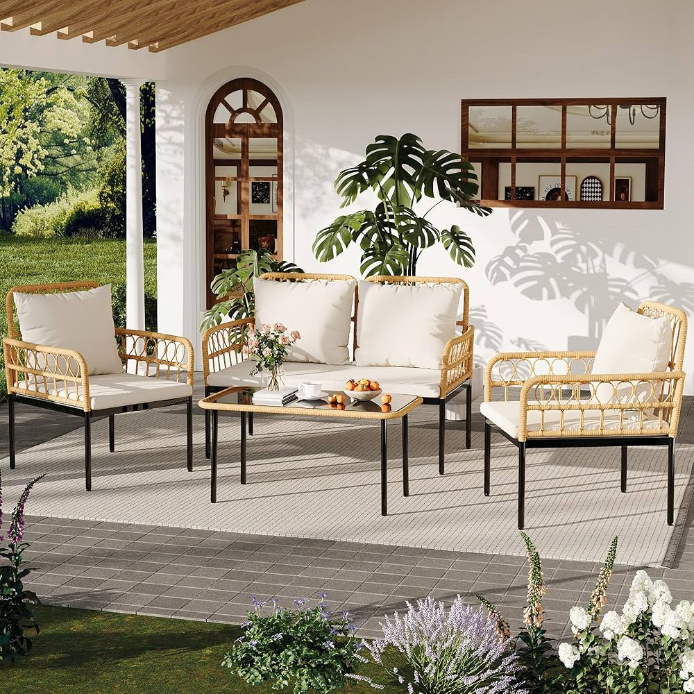 4 Pieces Patio Furniture Sets Wicker Outdoor Patio Table and Chairs Set with Glass Side Table, Lo... | Amazon (US)