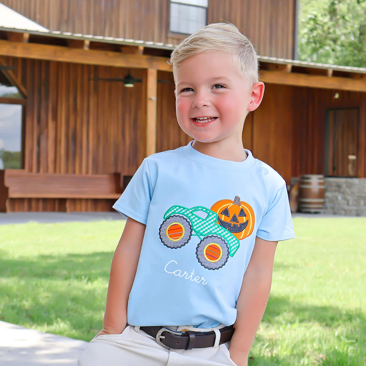 Jack O' Lantern Truck Light Blue Short Sleeve Shirt | Classic Whimsy