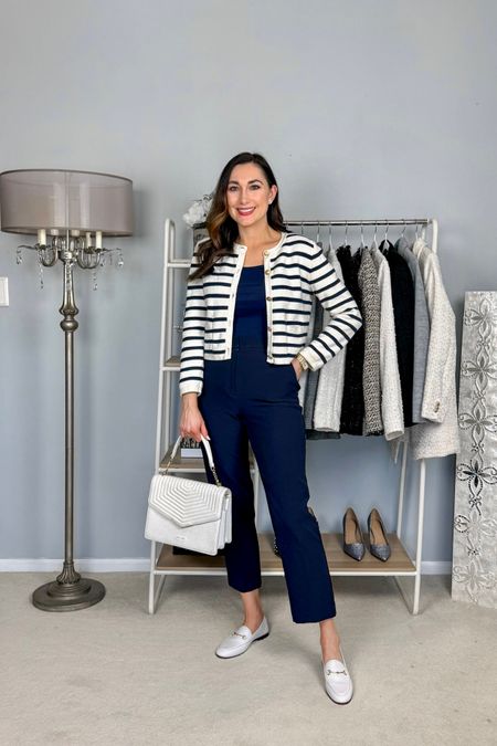 Business casual spring work outfit 💙

Blue and white striped lady cardigan size small, TTS
Navy top (linked similar)
Navy work pants size 4 reg, TTSS
White loafers size 6.5, sized down half size
 
Work wear 
Classic outfit 




#LTKSeasonal #LTKshoecrush #LTKworkwear