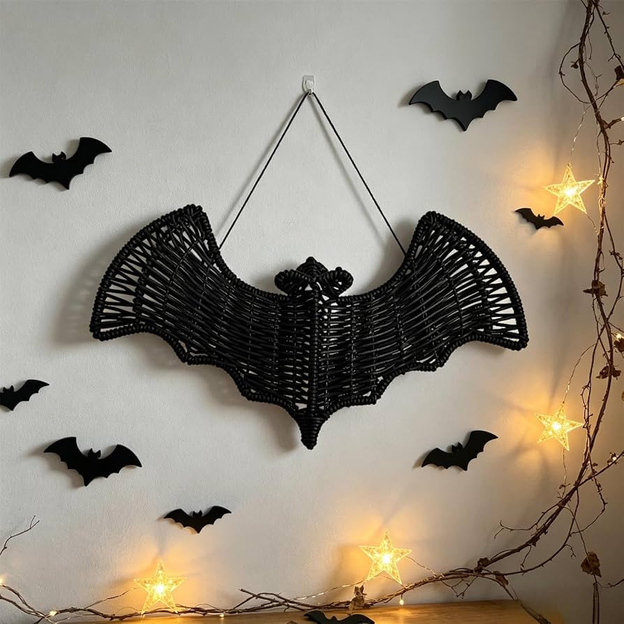 Natural Handwoven Black Rattan Bat Wall Hanging Ornament, Spooky Gothic Wicker Halloween Decor, M... | Amazon (US)
