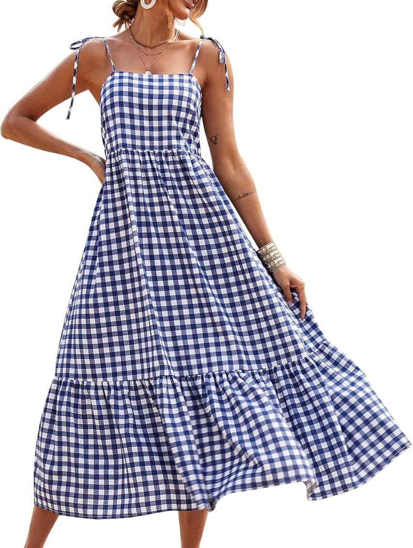 PRETTYGARDEN Summer Dress for Women Plaid Spaghetti Strap Square Neck Tiered Ruffle Flowy Maxi Dress | Amazon (US)