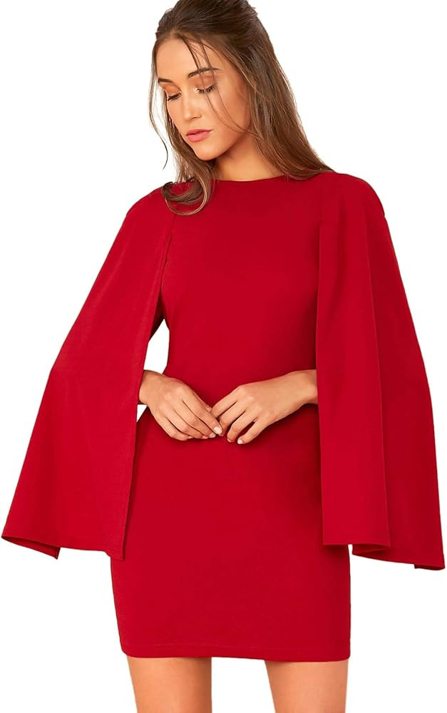 SheIn Women's Elegant Cloak Sleeve Mini Cape Dress Plain with Pocket | Amazon (US)