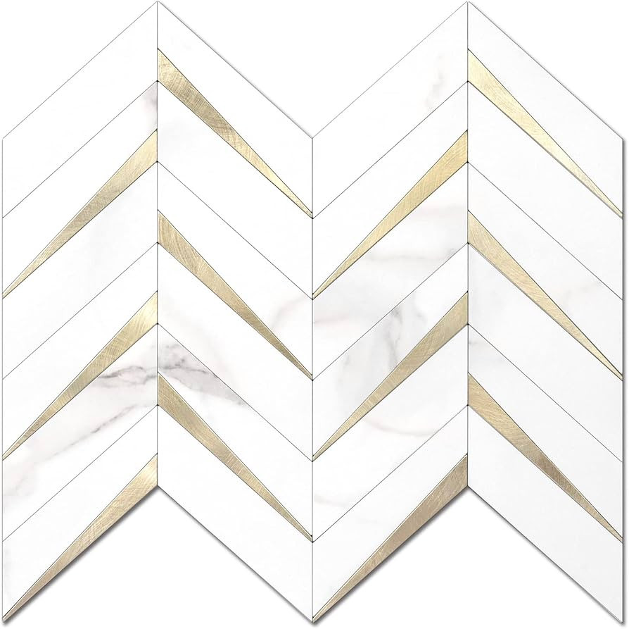 STICKGOO 10-Sheet Herringbone Tile Peel and Stick Backsplash, White Marble PVC Mixed Metal Gold S... | Amazon (US)
