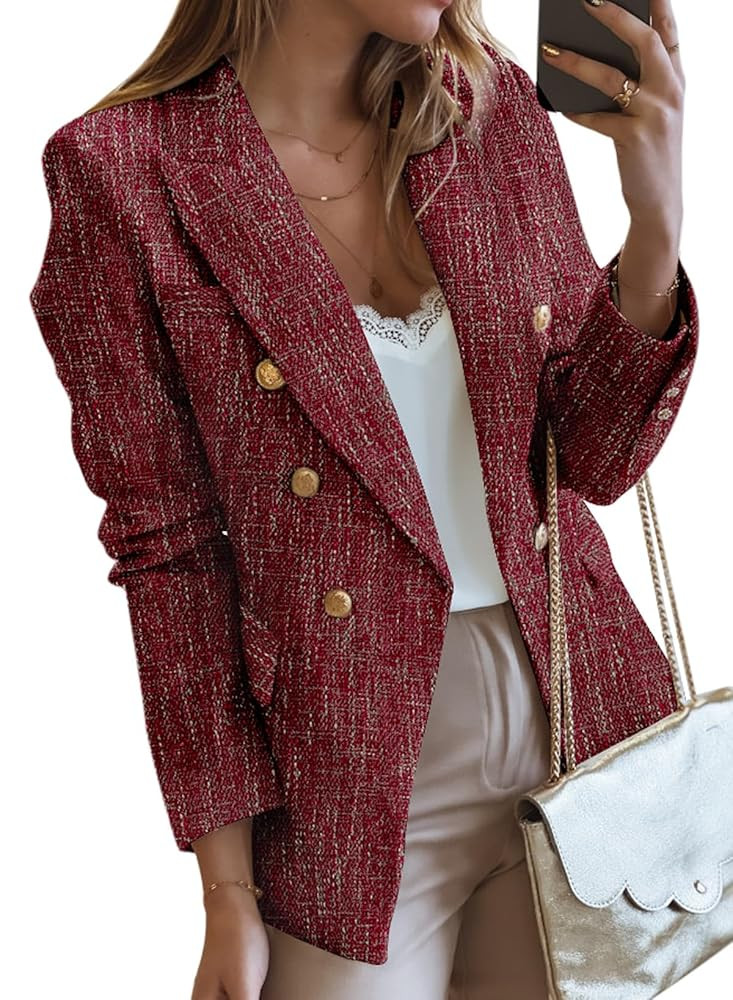 Happy Sailed Womens Tweed Blazers Casual Long Sleeve Double Breasted Open Front Blazer Jackets Wo... | Amazon (US)