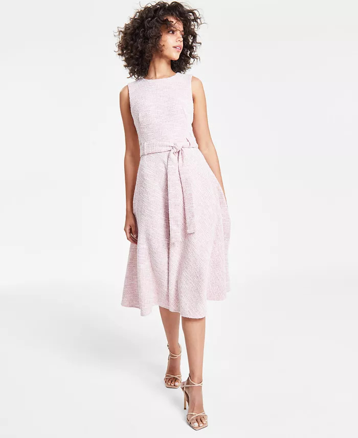 Calvin Klein Women's Jewel-Neck Sleeveless Belted Tweed Midi Dress - Macy's | Macy's