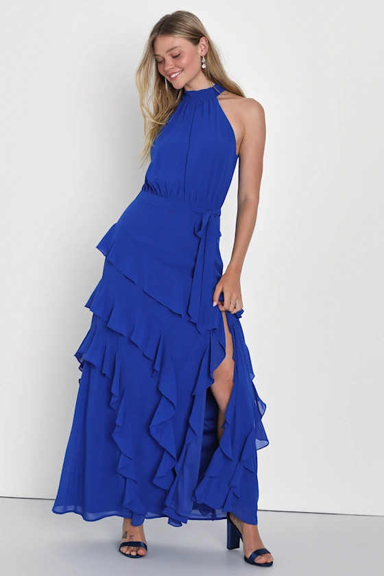 Iconic Flair Cobalt Blue Asymmetrical Ruffled Halter Maxi Dress | Lulus (US)