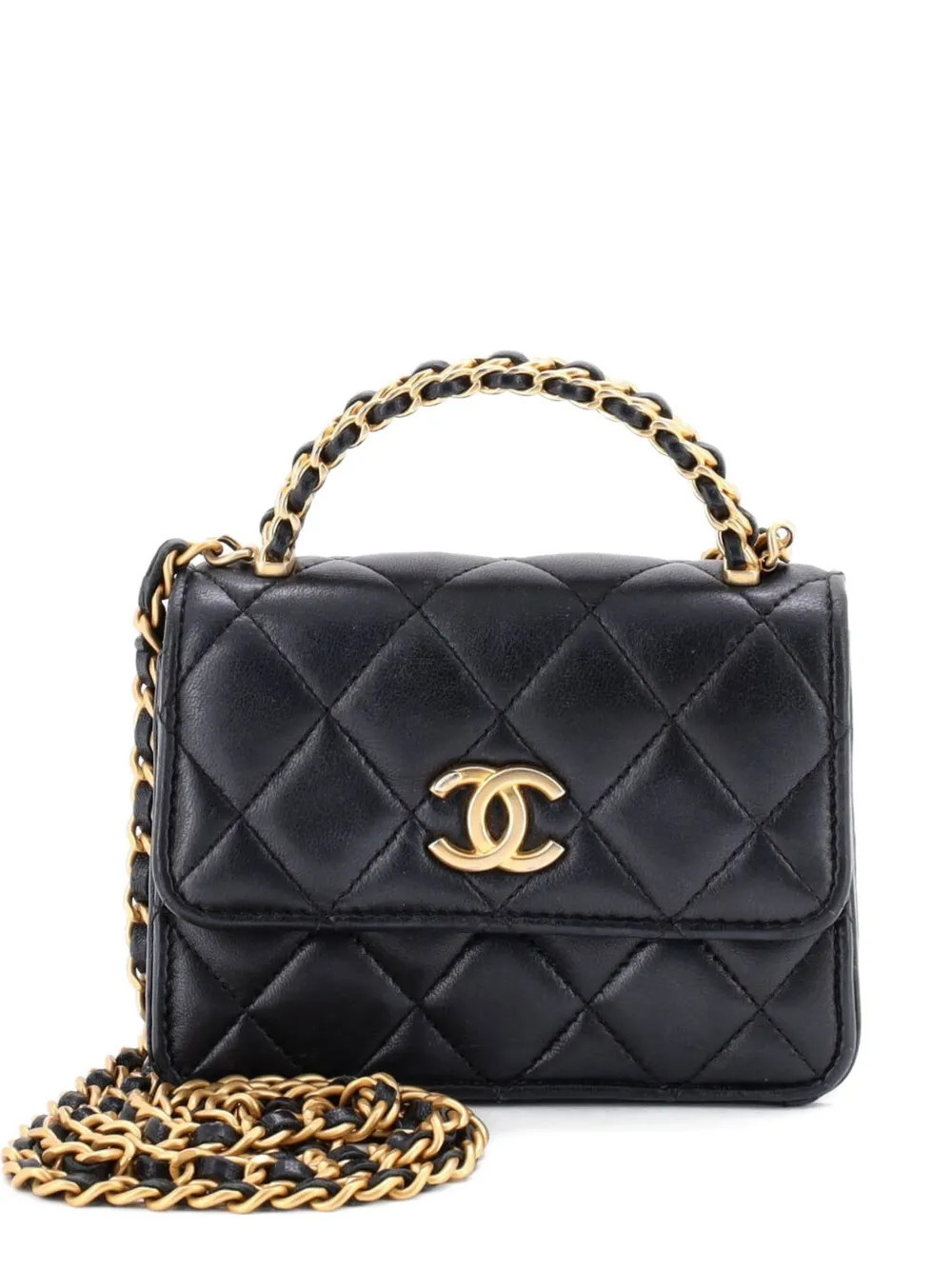 CHANEL Pre-Owned Woven Top Handle CC Flap Clutch on Chain Quilted Lambskin Small satchel - Black | Farfetch Global