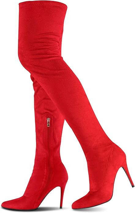 CAMSSOO Women's Thigh High Boots Faux Suede Elasticity Heels Over The Knee Boots Side Zip Pointed... | Amazon (US)
