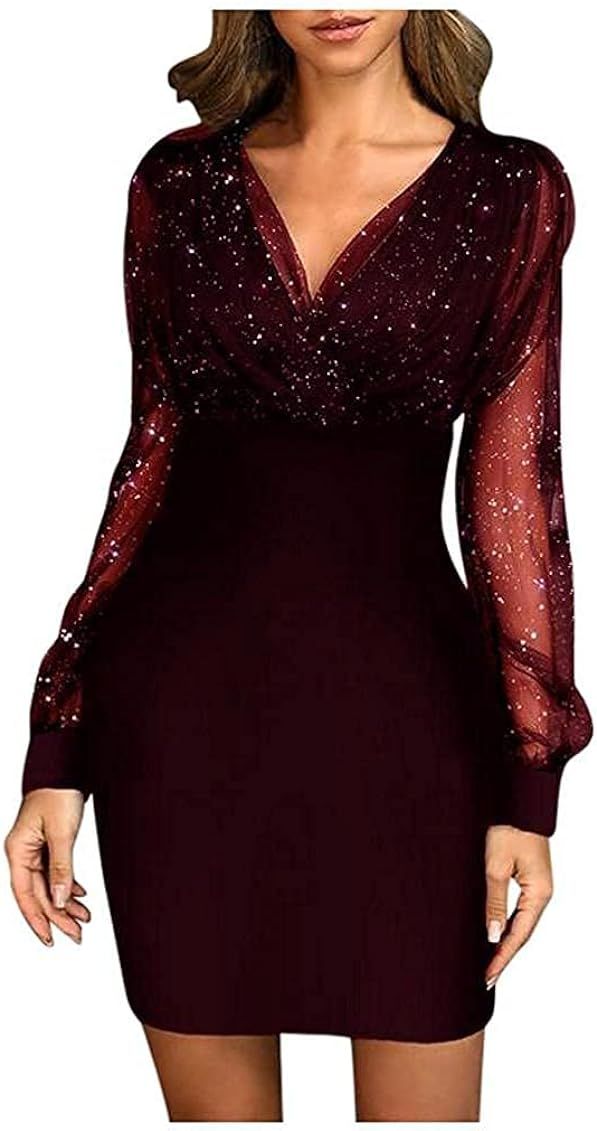 Cocktail Dresses for Women, Wrap V Neck Lantern Slim Fit Sequins Mini Dress, Retro Elegant Bodycon P | Amazon (US)