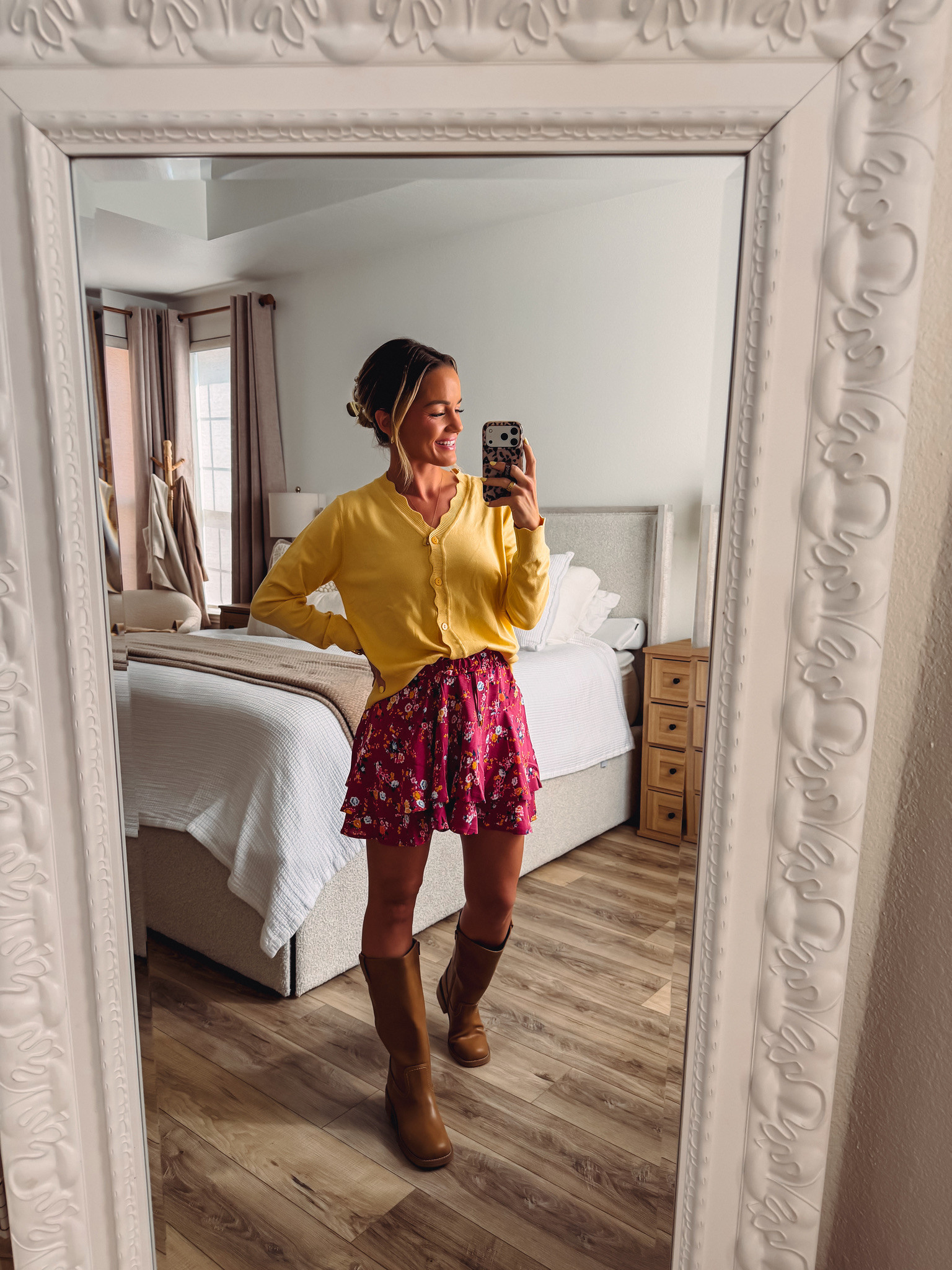 Fall florals with the sweetest color combo! This yellow scalloped cardigan pairs so perfectly with a berry floral ruffle skirt for that cheerful autumn feel. Tall cognac boots ground the look and add the coziest touch. Perfect for apple orchard visits, coffee dates, or a fun day exploring downtown! 

 #LTKootd #LTKmomlife #LTKSeasonal