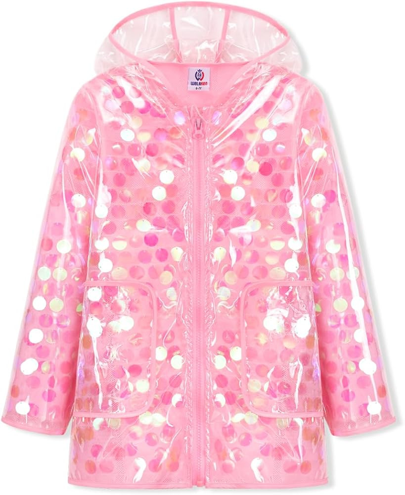 WELAKEN Girls Sequin Raincoat Waterproof Reusable Hooded Outwear Rain Jacket with Lining | Amazon (US)
