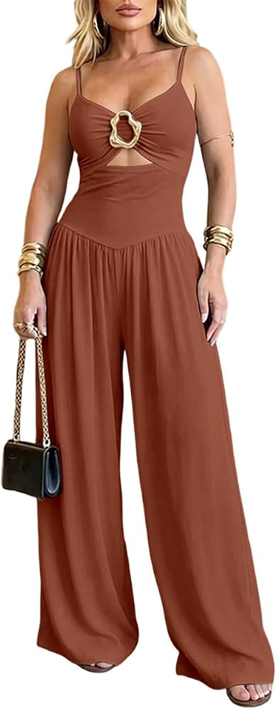 Women's Hollow V-Neck Backless Wide Leg Jumpsuit | Amazon (US)
