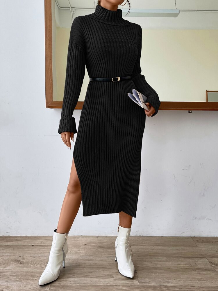 Turtleneck Drop Shoulder Split Thigh Sweater Dress Without Belt | SHEIN