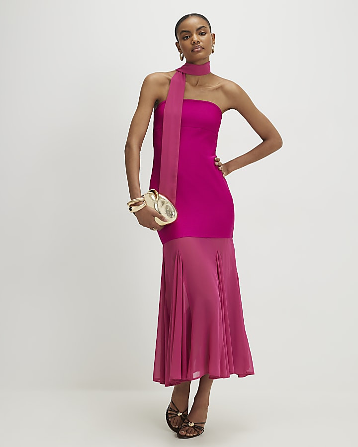 Pink Scarf Bandeau Hybrid Midi Dress | River Island UK & IE