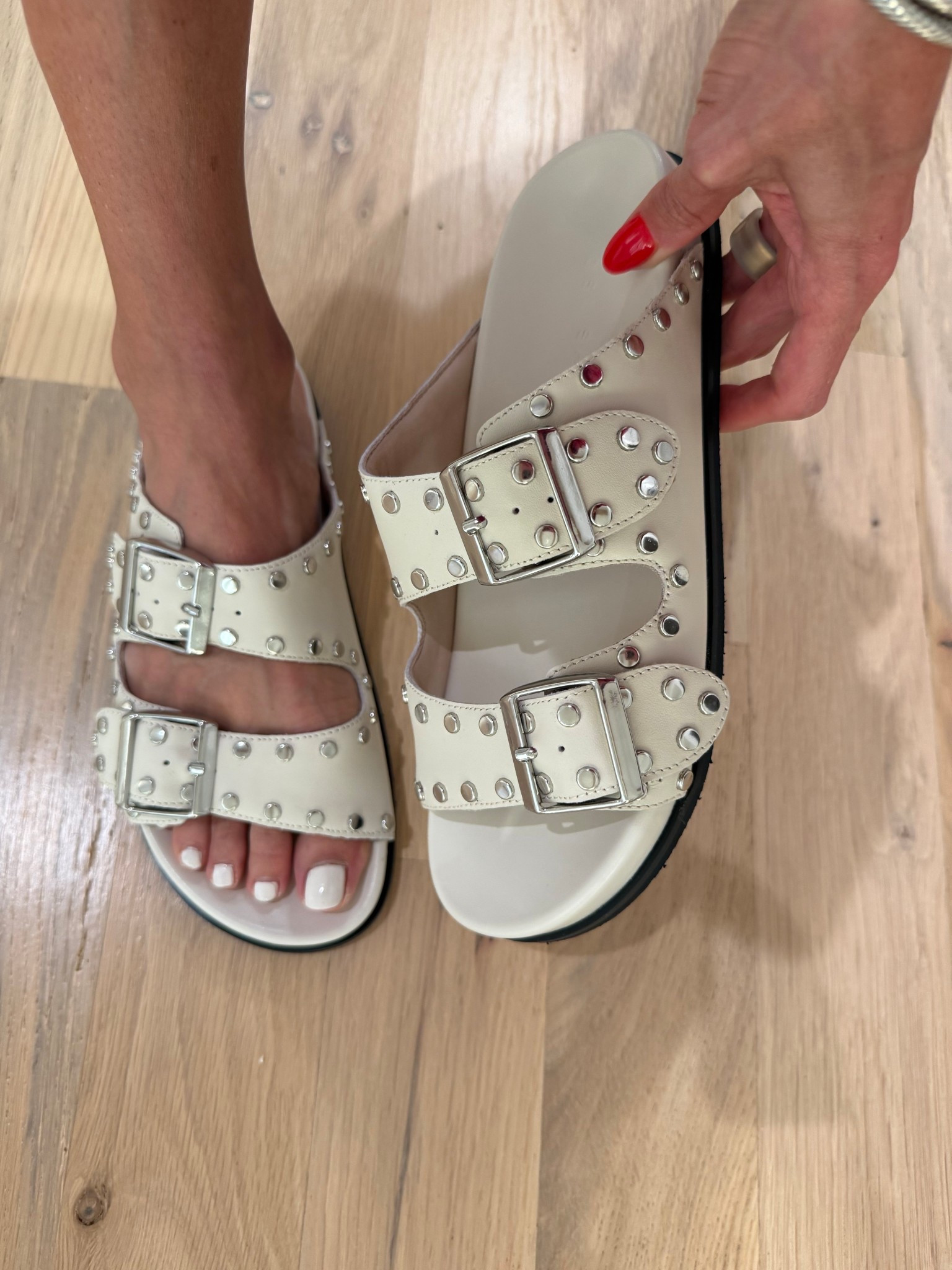 White studded Birkenstock style sandals size 7 and extremely comfortable   

#LTKSaleAlert #LTKPetite