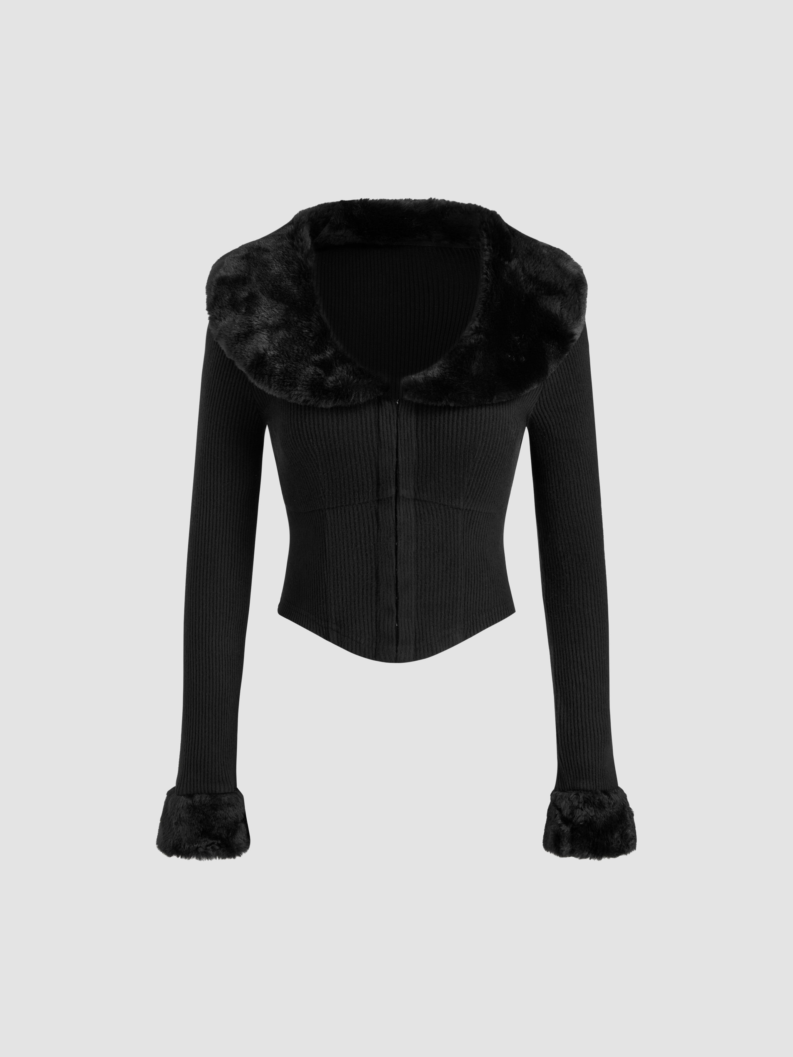 Knit Fabric Faux-Fur Collar Solid Long Sleeve Top For Work | Cider