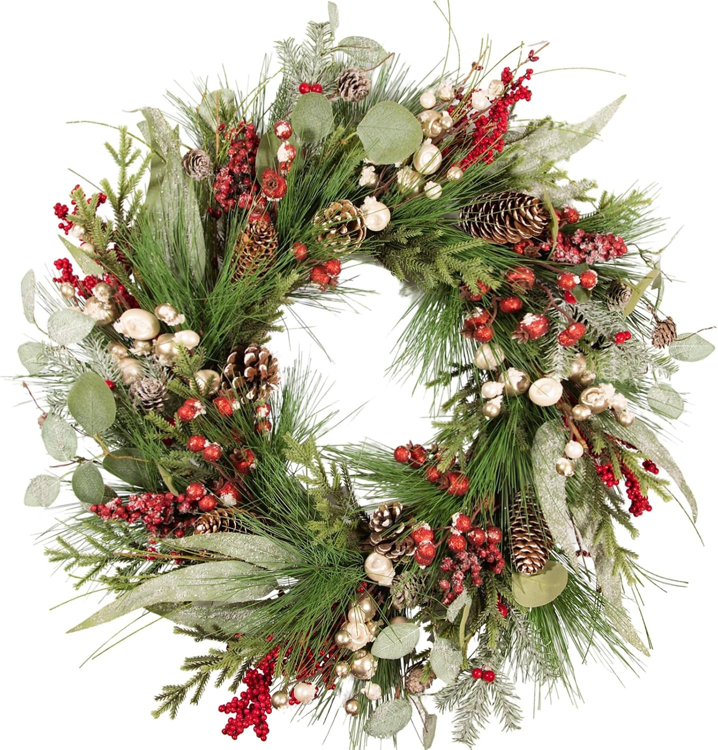 wwmira 24 Inch Luxury Christmas Wreath, Full Artificial Wreath with Eucalyptus, Red & Gold Berries, Pomegranates, and Mixed Pinecones for Elegant Front Door, Porch, or Wall Holiday Decor | Amazon (US)