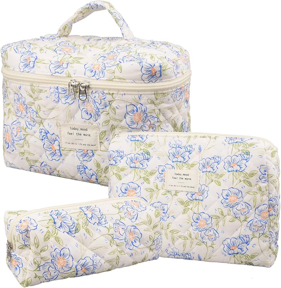 Makeup Bag,Quilted Cosmetic Bag,Large Floral Make Up Bag for Women,Cotton Makeup Bag Set,Flower T... | Amazon (US)
