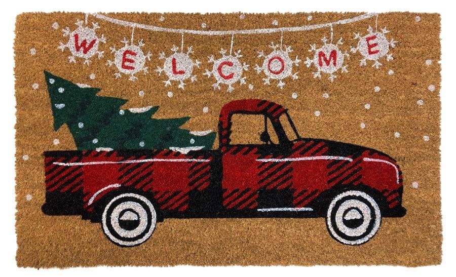Red Checkered Truck Christmas Coir Doormat Natural Fiber Welcome 18" x 30" - Walmart.com | Walmart (US)