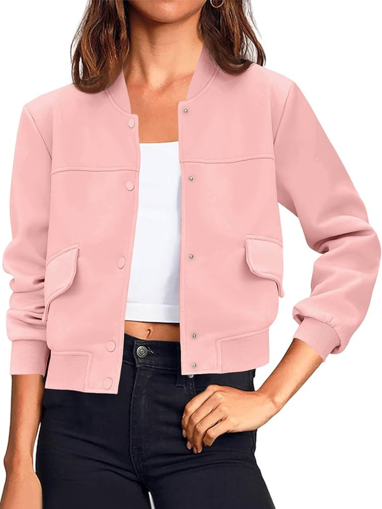 Tankaneo Womens Cropped Bomber Jackets Casual Button Down Long Sleeve Stand Collar Varsity Shacke... | Amazon (US)