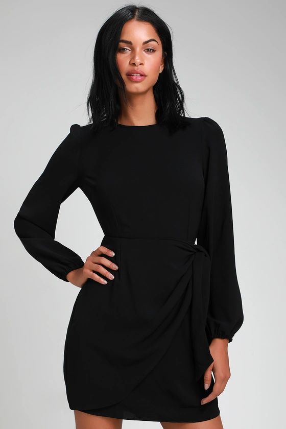 Believe It or Knot Black Long Sleeve Tie-Front Skater Dress | Lulus