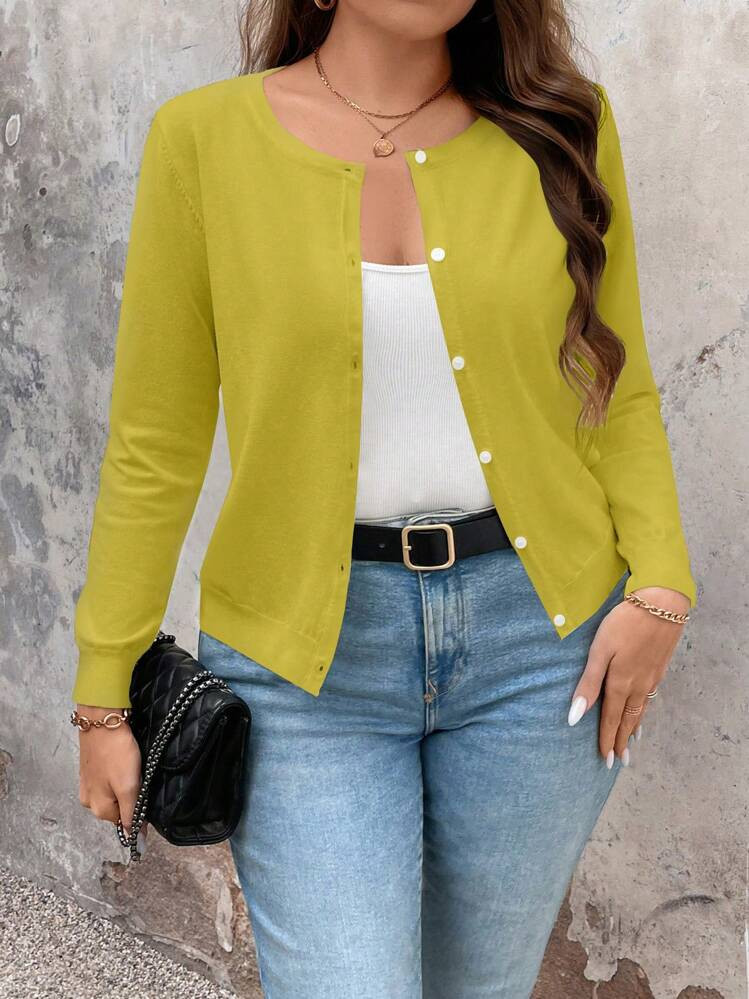 Plus Size Casual Solid Color Long Sleeve Cardigan, Spring/Autumn, For Winter | SHEIN