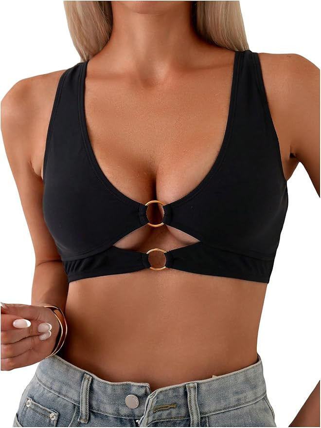 Verdusa Women's Cut Out Tank Bikini Top Heart Ring Fitted Swimsuit Top | Amazon (US)