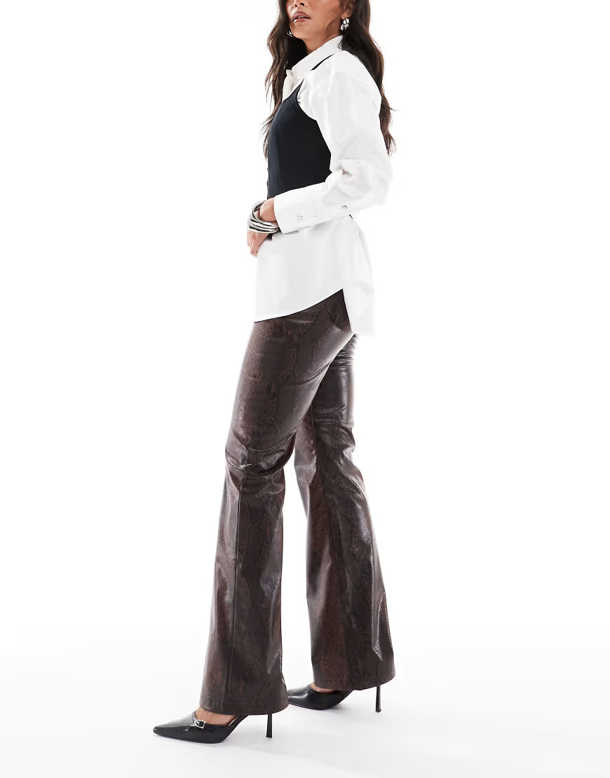 ASOS DESIGN tailored faux leather clean flare pants in brown snake | ASOS (Global)