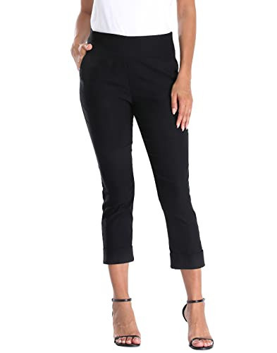 HDE Pull On Capri Pants for Women with Pockets Elastic Waist Cropped Work Pants Black - XXL | Amazon (US)