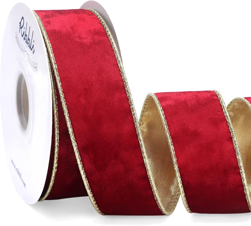 Ribbli Red Velvet Wired Ribbon 1.5 Inch Metallic Red Gold Crushed Velvet Christmas Ribbon for Gift Wrapping Christmas Tree Decoration Crafts Wreaths Supplies-Continuous 10 Yards | Amazon (US)