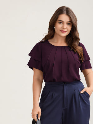Plus Size Black Toothpick Pleat Layered Flutter Sleeve Blouse Women At the Office Short sleeve Round Neck Work Blouses BloomChic 10/M | Bloomchic