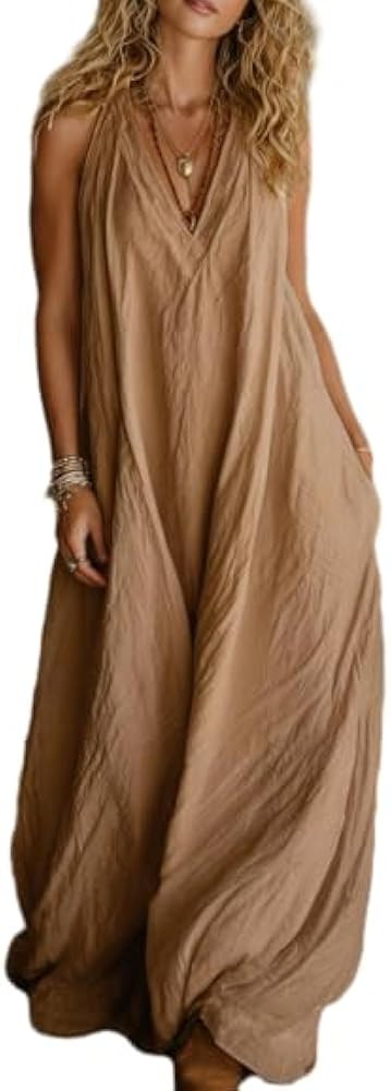 Women's Sleeveless V Neck Wide Leg Jumpsuit Flowy Casual Beach Vacation One Piece Outfit | Amazon (US)