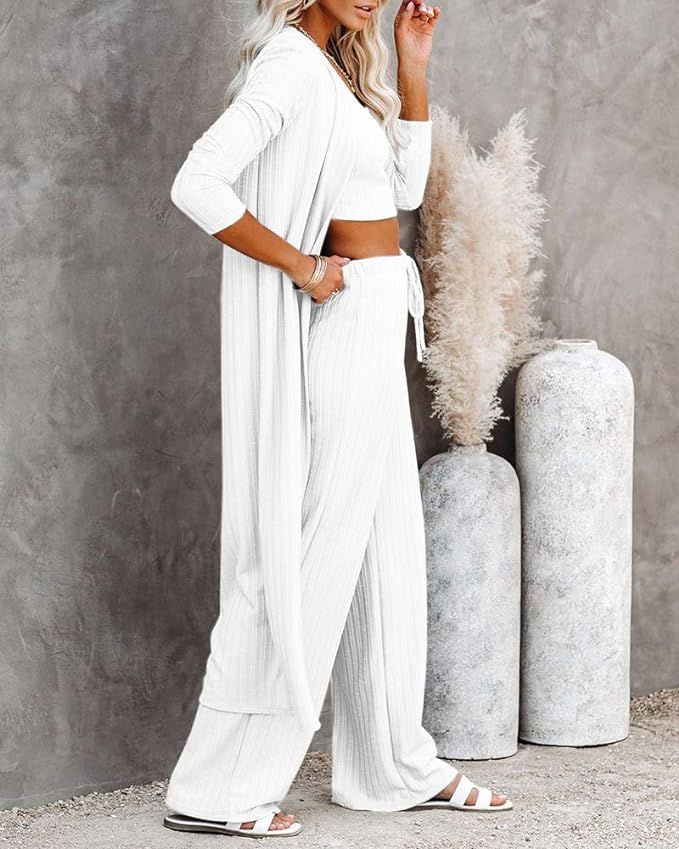 Womens Pajamas Set Spring 3 Piece Loungewear Set Crop Vest Top Loose Pants and Cardigan Knitwear ... | Amazon (US)