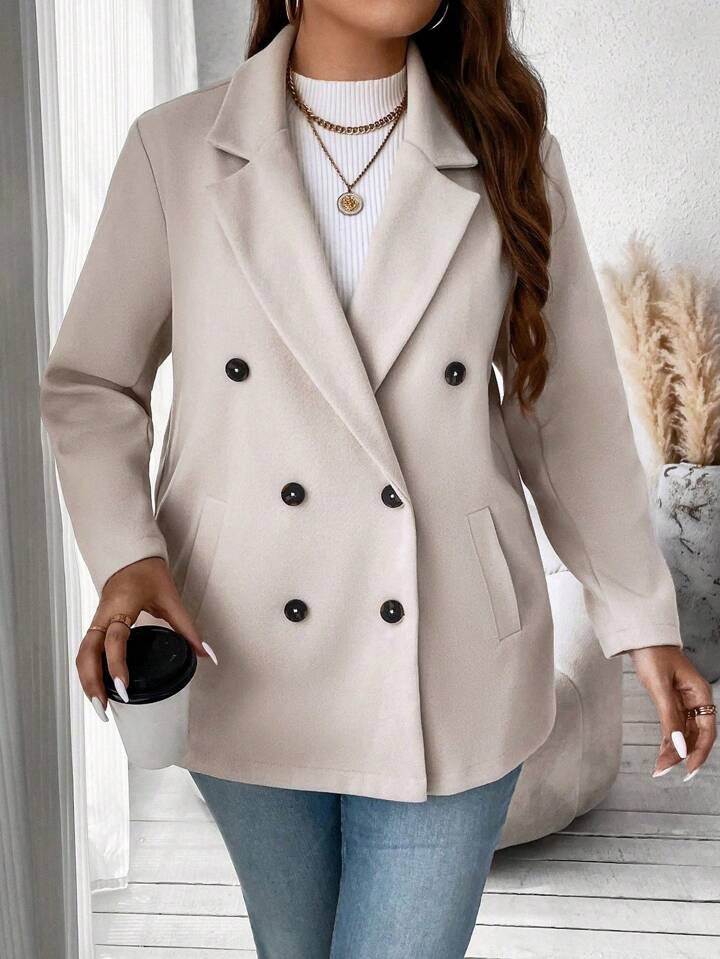 SHEIN CURVE+ Plus Lapel Neck Double Breasted Overcoat | SHEIN