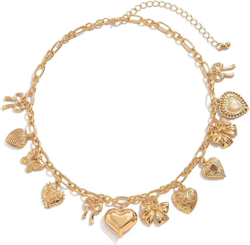 Gold Heart Charm Necklaces for Women Trendy Chunky Puffy Heart Choker Charms Necklace With Differ... | Amazon (US)