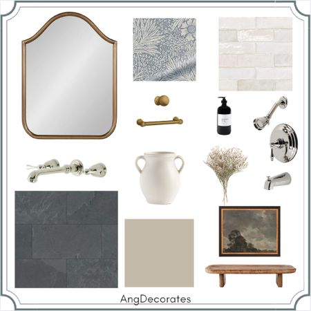 A moodboard for a transitional bathroom with zellige tile, Sherwin-Williams Fawn Brindle cabinetry, and Morris & Co roman shades. 

#LTKhome