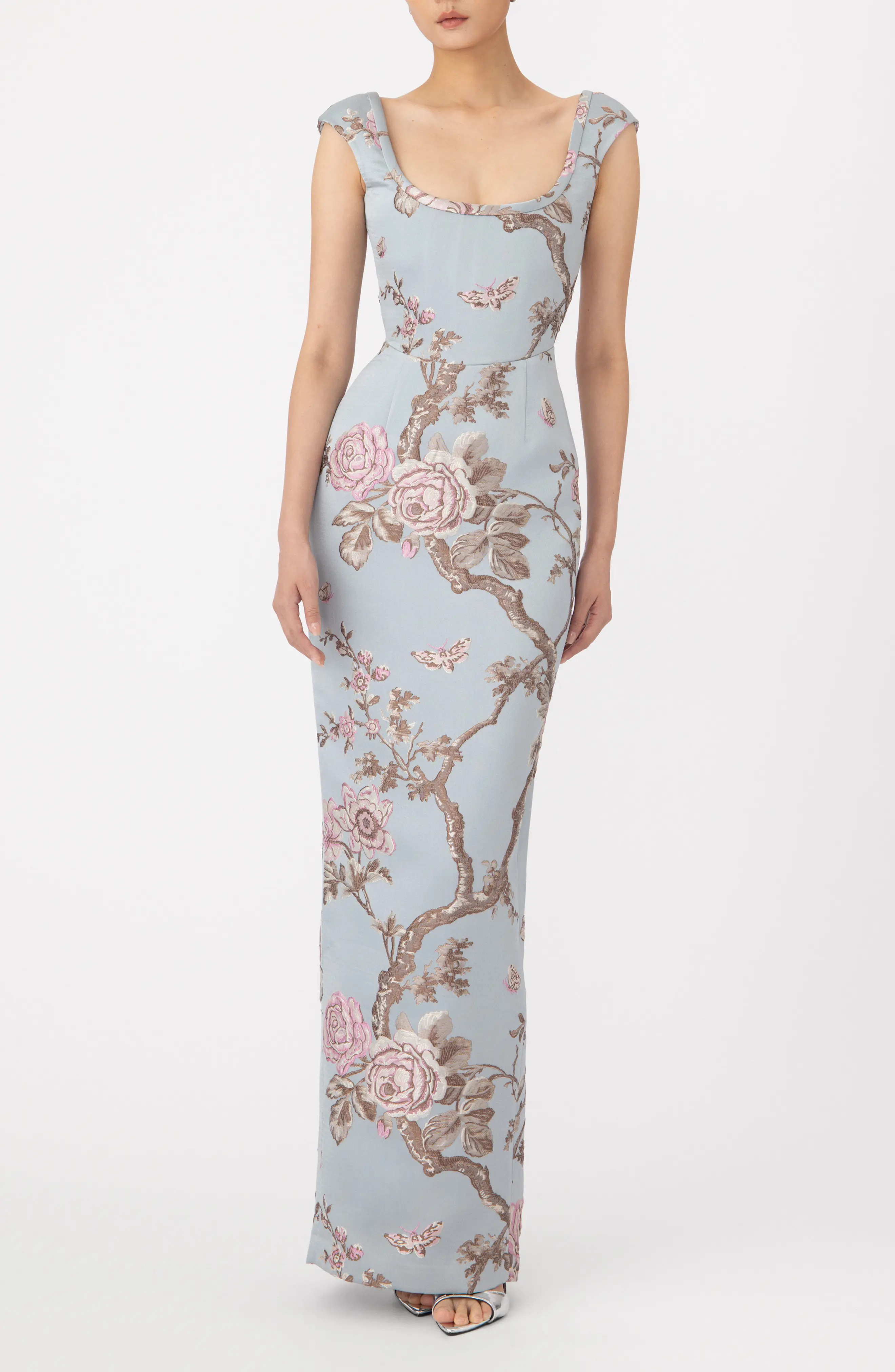 SAU LEE Brooke Floral Brocade Column Gown in Blue Ash at Nordstrom, Size 4 | Nordstrom