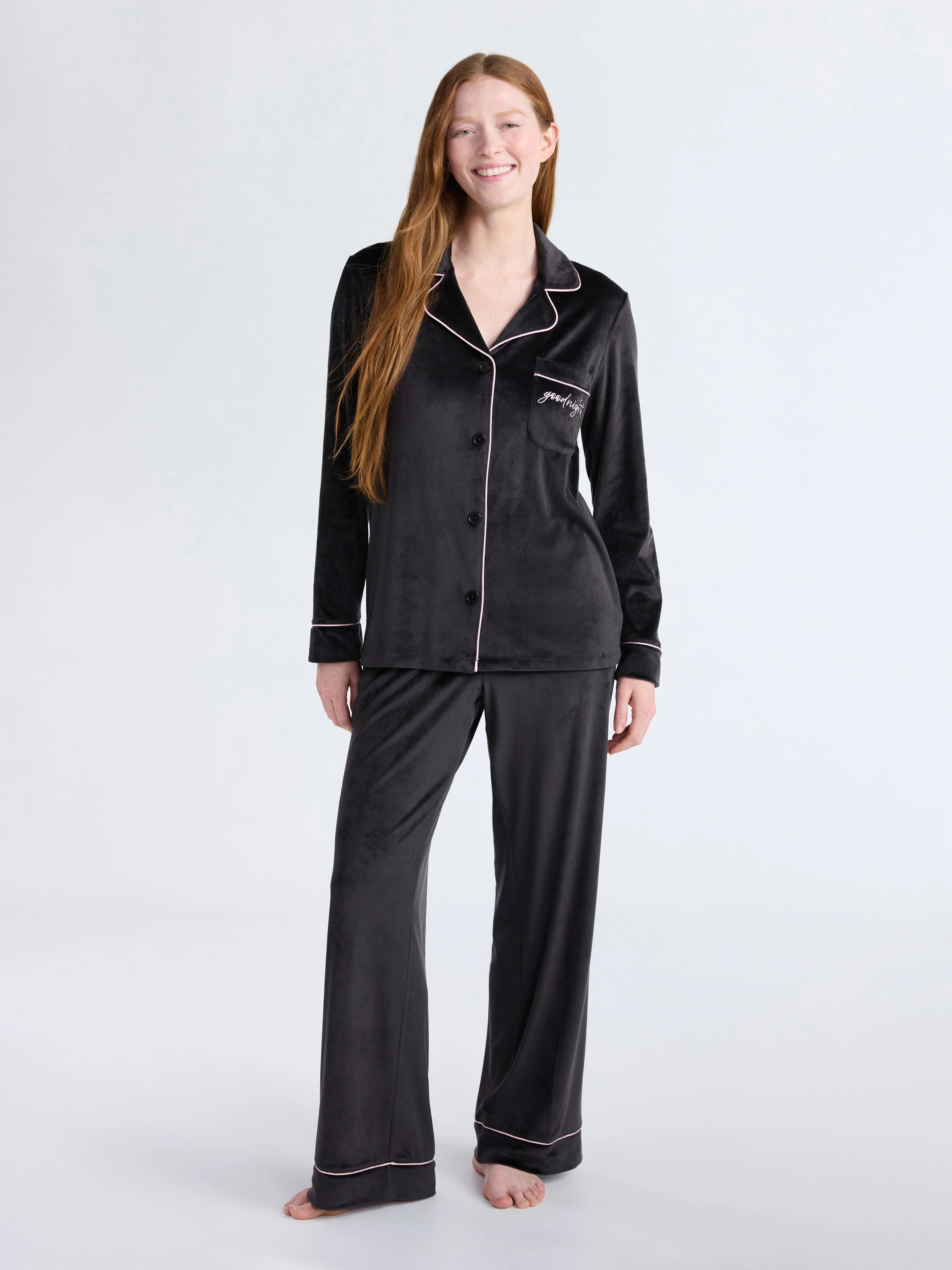 Joyspun Women’s Stretch Velour Notch Collar Long Sleeve Pajama Set, Sizes XS to 4X | Walmart (US)