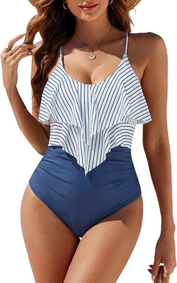 Women's One Piece Tummy Control Swimsuits Full Coverage Swim Bathing Suit Slimming Modest Ruffle ... | Amazon (US)