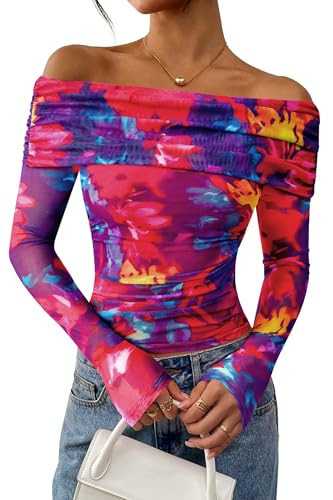PRETTYGARDEN Womens Tops 2026 Spring Off The Shoulder Long Sleeve Fitted Y2k Shirts Floral Ruched Mesh Going Out Outfits(Navy Red Flower,XX-Large) | Amazon (US)