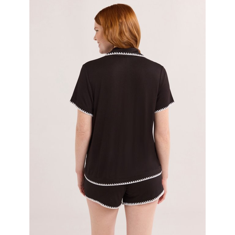 Joyspun Women’s Short Sleeve Notch Top and Shorts Pajama Set with Blanket Stitching, Sizes XS-3... | Walmart (US)